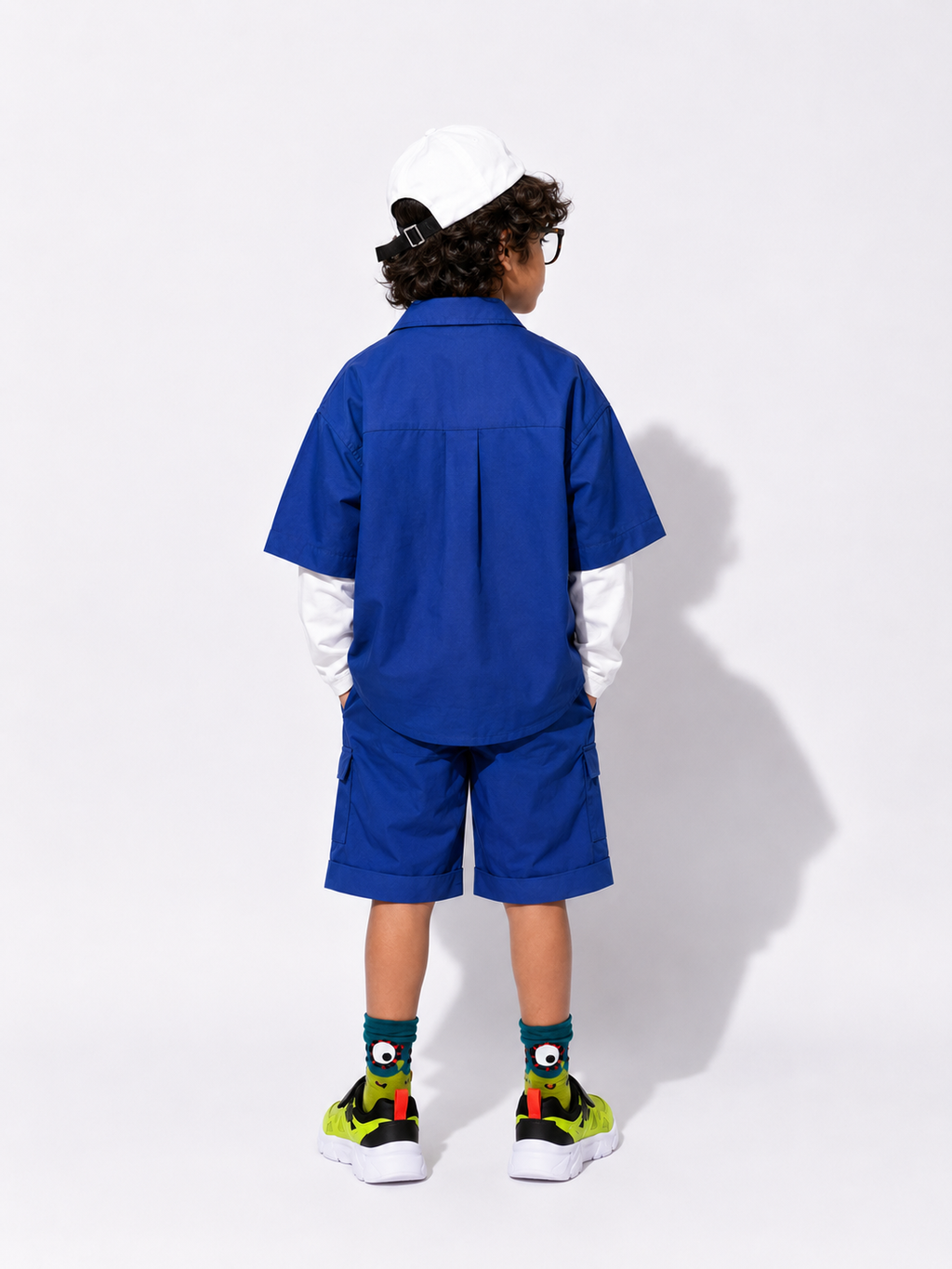 Navy Blue Cargo Shorts for boys - full look back - Kropps