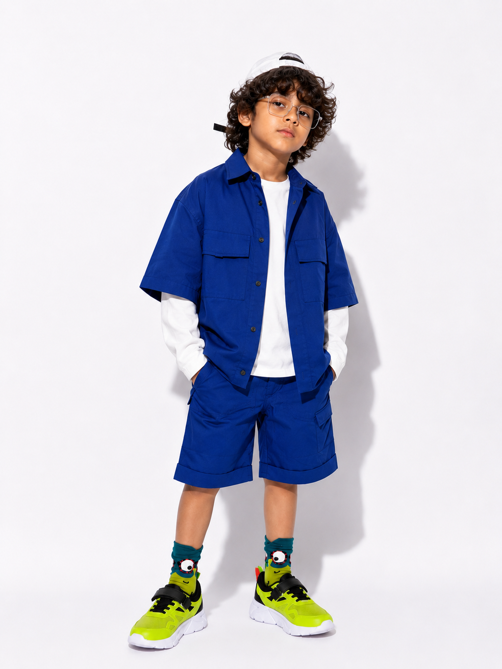 Navy Blue Cargo Shorts for boys - full look front - Kropps
