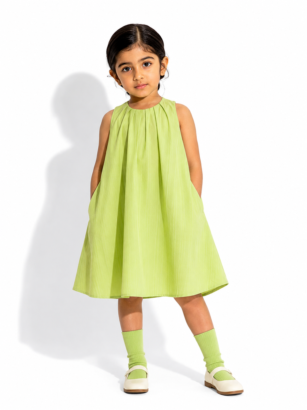 Lime Green Gathered Pleated Dress for girls - front view - Kropps