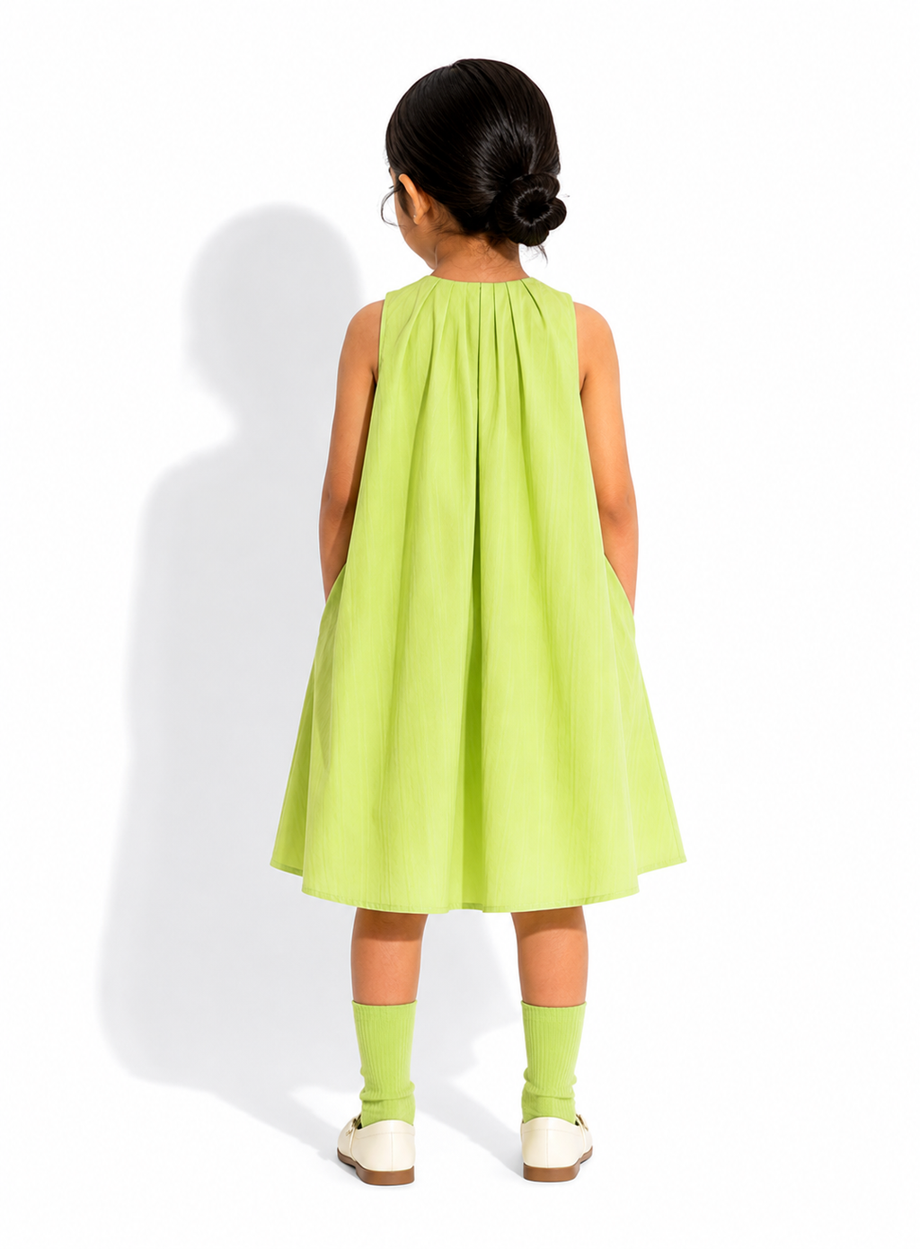 Lime Green Gathered Pleated Dress for girls - back view - Kropps