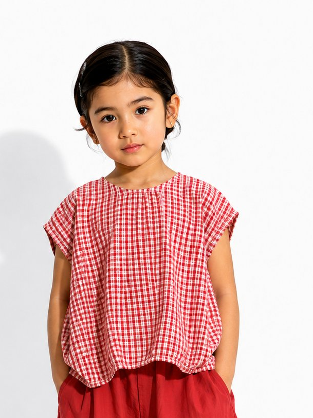 Gingham Gathered Top- Red